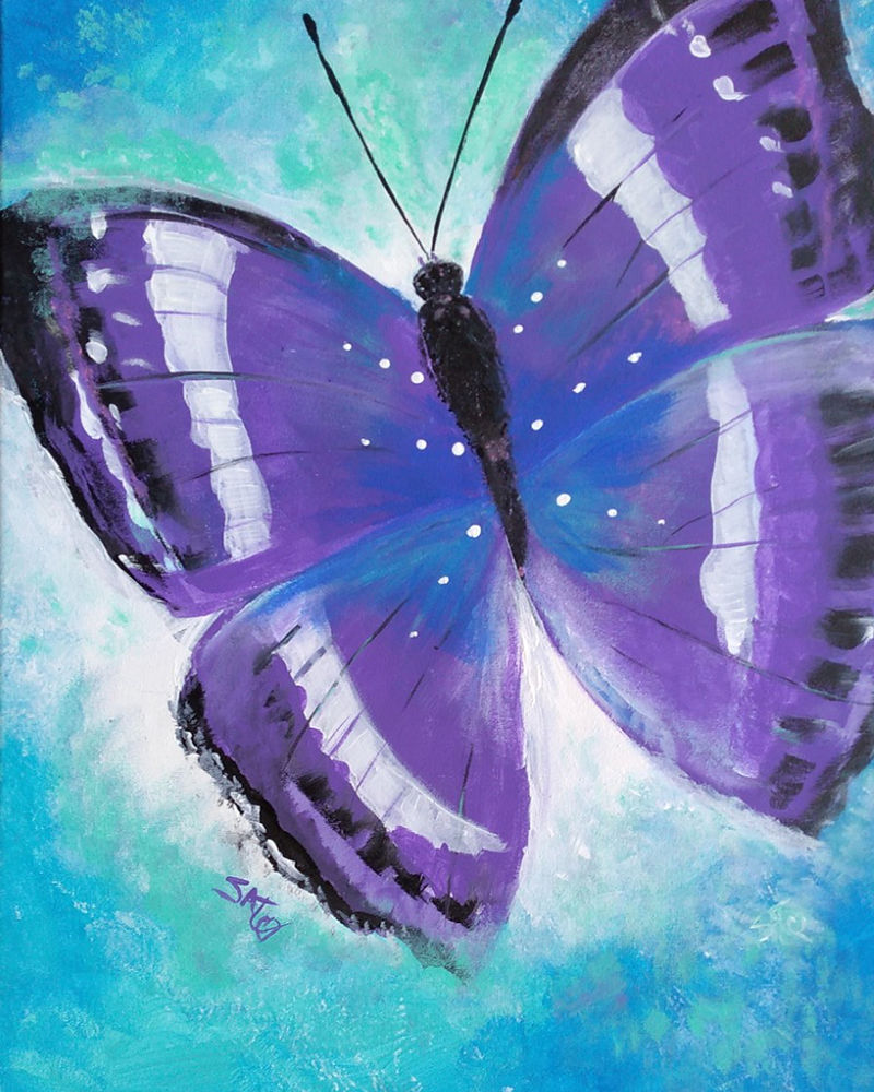 Purple butterfly with blue background
