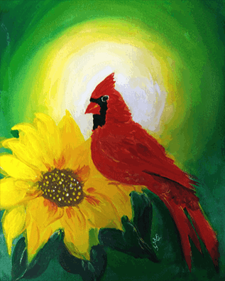 Painting of cardinal sitting on sunflower with sunrise in background 