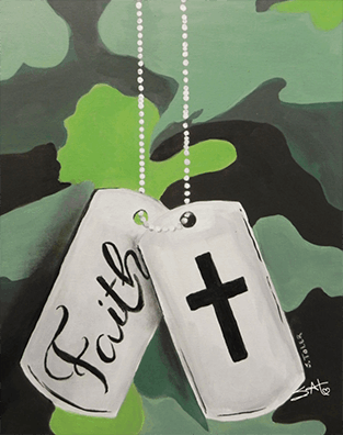 tags with the word faith and a cross image drapped across green camouflage