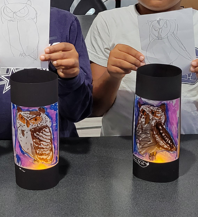 Glowing owl lamps created in little kids art